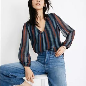 Madewell Striped V-Neck Sheer Blouse in Navy, Rust, Teal